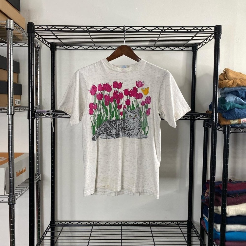 White Short Sleeve Graphic Tee with Pink Tulip & Cat Print